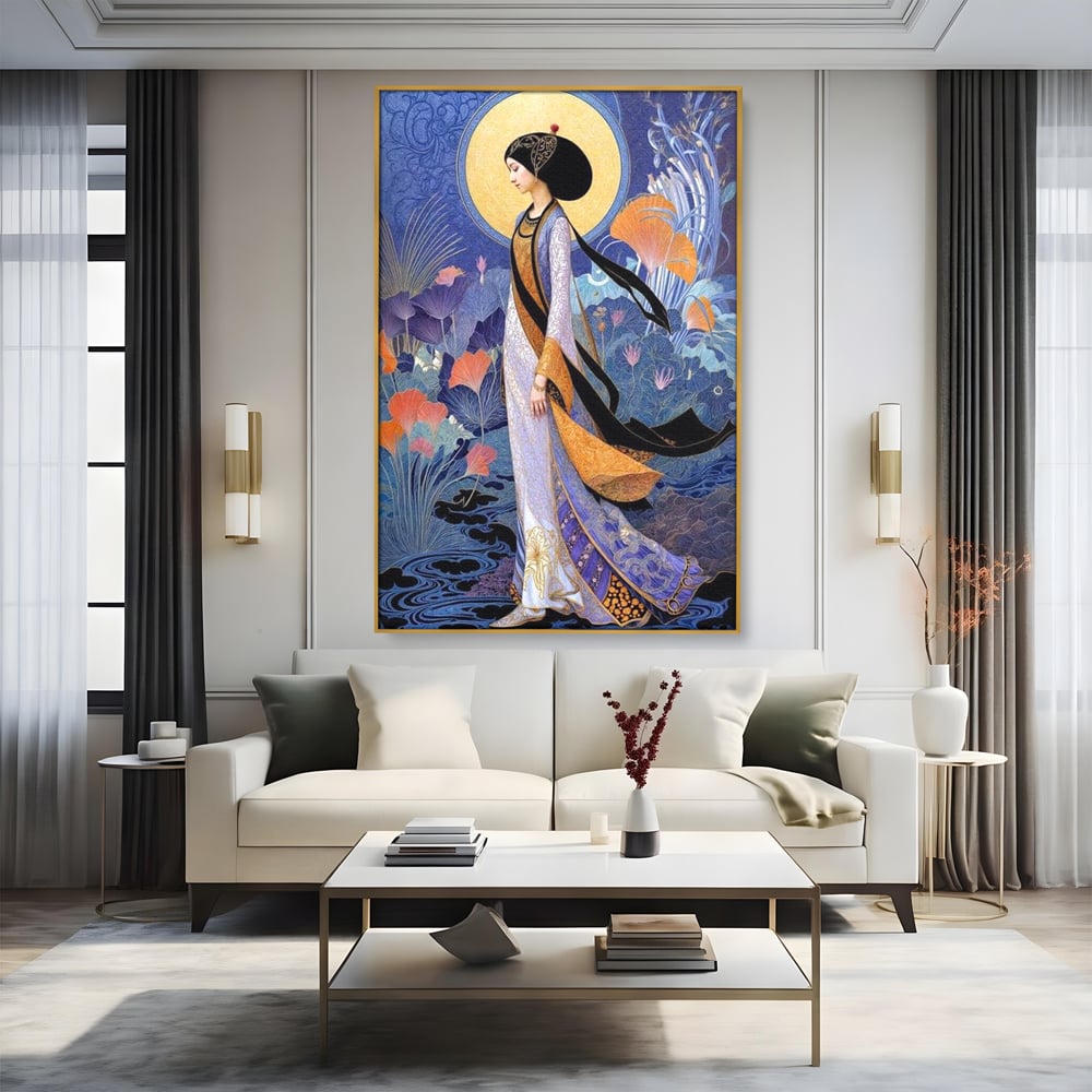 Tablou canvas cu tablou canvas cu regina in stil art nouveau, in rama de aluminiu auriu, pe perete intr-un living