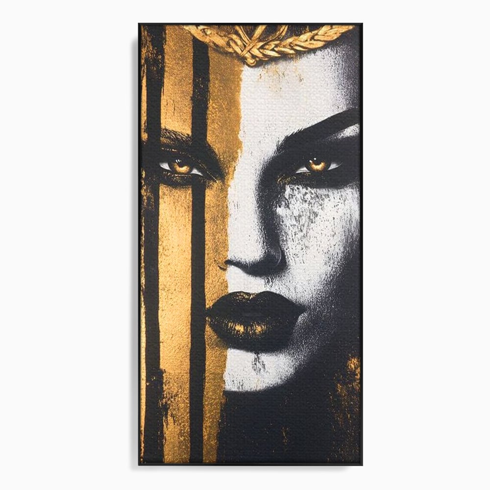 Tablou canvas cu tablou canvas cu portret feminin si foita de aur, in rama de aluminiu negru