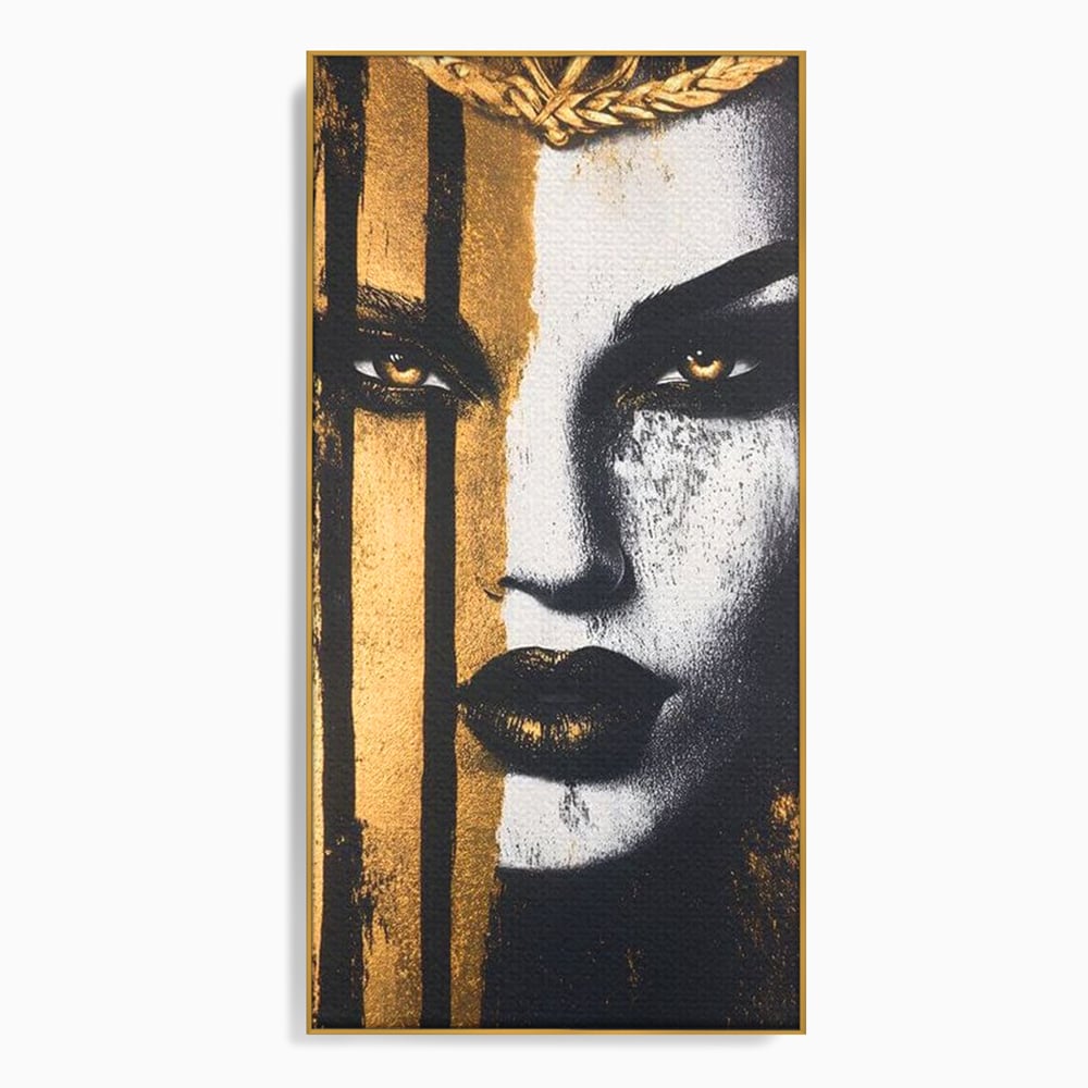 Tablou canvas cu tablou canvas cu portret feminin si foita de aur, in rama de aluminiu auriu