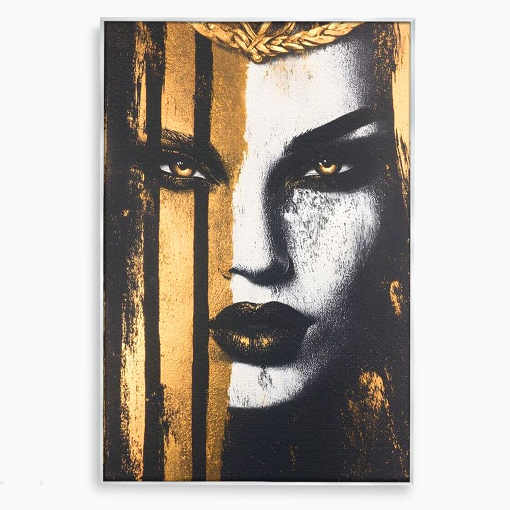 Tablou canvas cu tablou canvas cu portret feminin si foita de aur, in rama de aluminiu argintiu