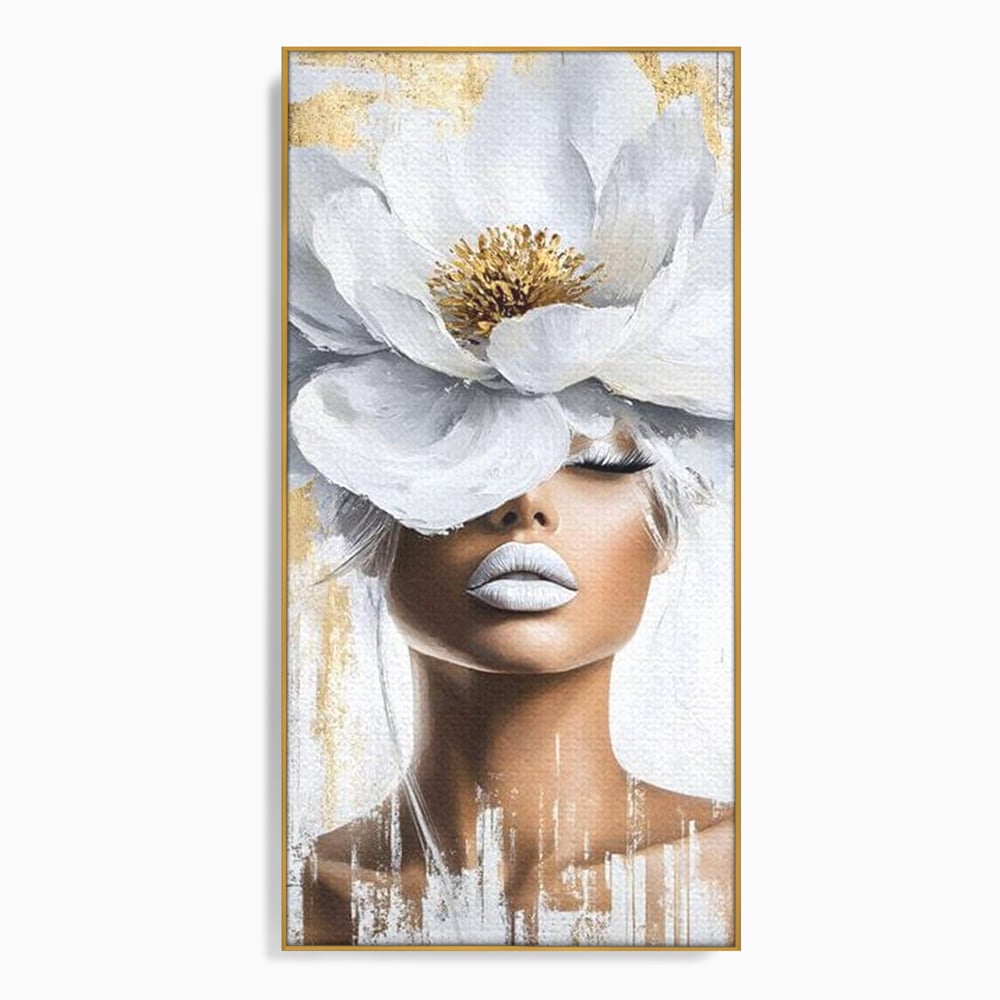 Tablou canvas cu tablou canvas cu portret de femeie si magnolie, in rama de aluminiu auriu