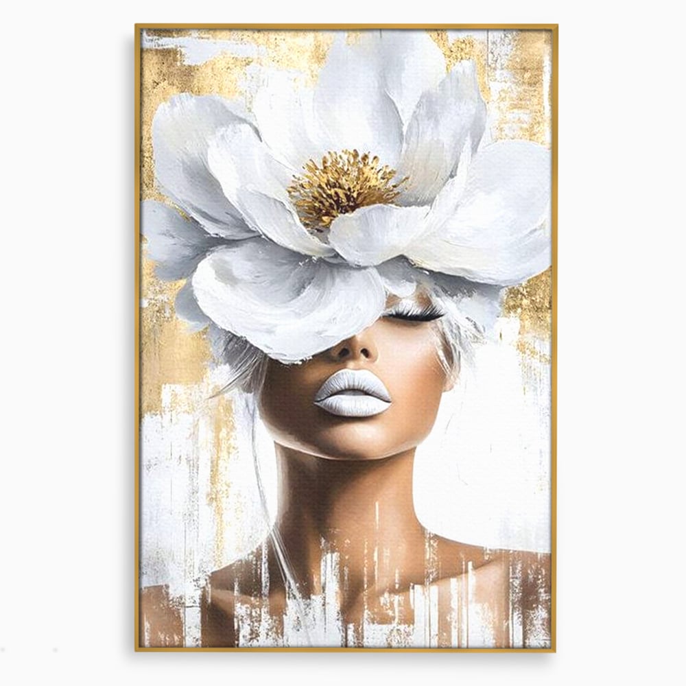 Tablou canvas cu tablou canvas cu portret de femeie si magnolie, in rama de aluminiu auriu