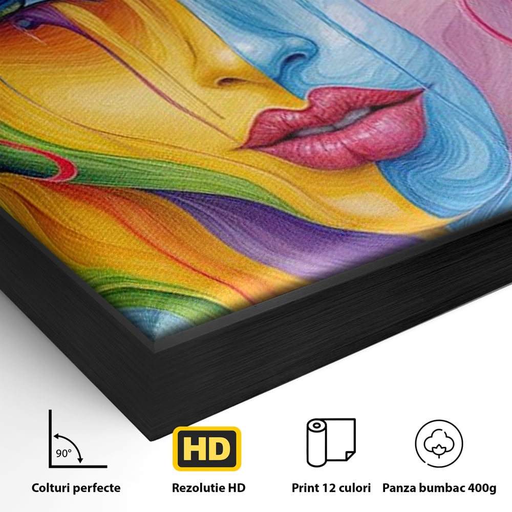Detaliu al suprafetei: tablou canvas cu portret de femeie in culori curcubeu, in rama de aluminiu negru