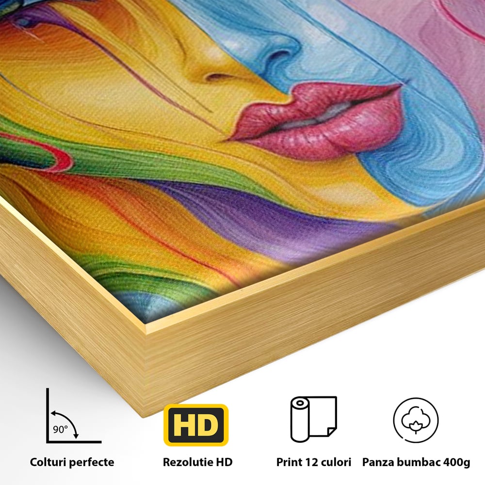 Detaliu al suprafetei: tablou canvas cu portret de femeie in culori curcubeu, in rama de aluminiu auriu