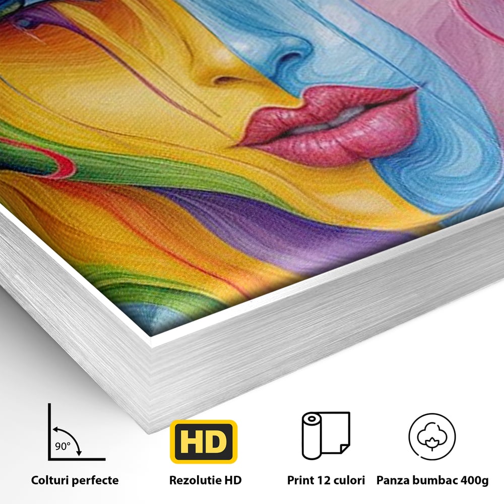 Detaliu al suprafetei: tablou canvas cu portret de femeie in culori curcubeu, in rama de aluminiu argintiu