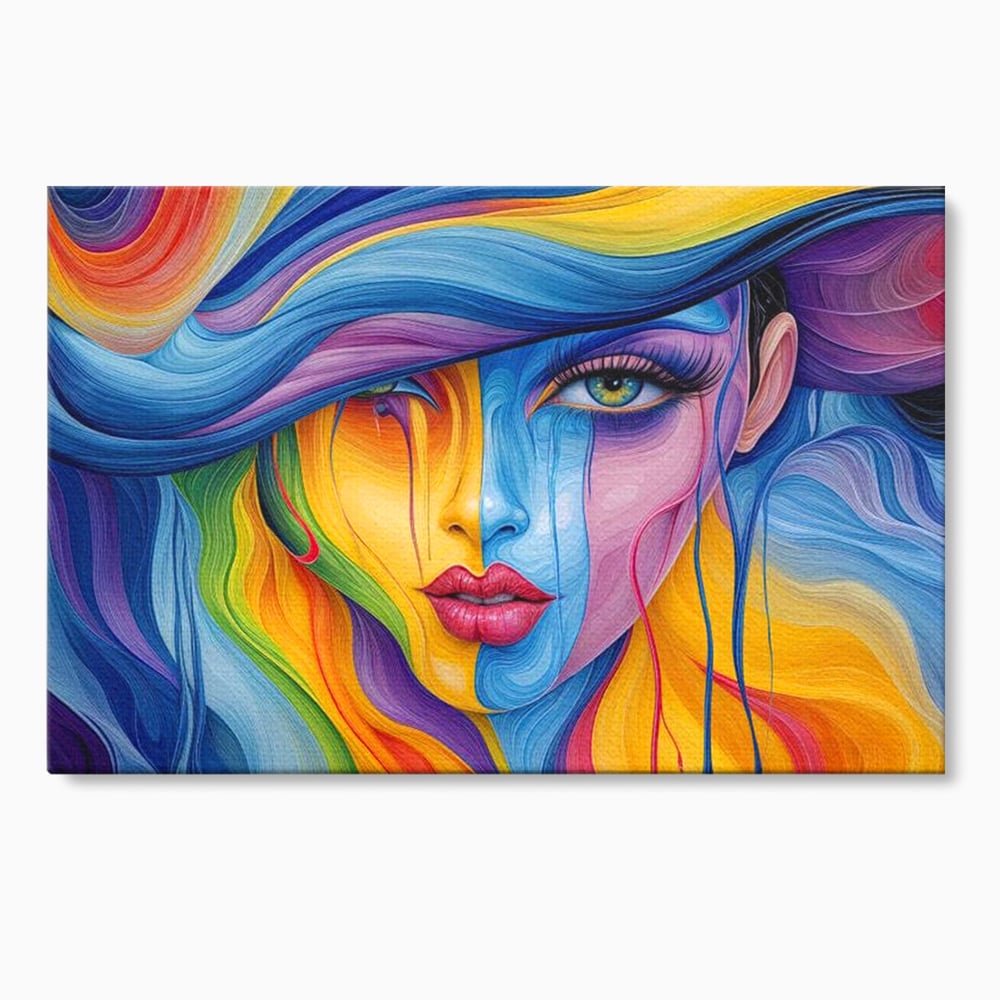 Tablou canvas cu tablou canvas cu portret de femeie in culori curcubeu, fara rama, pe sasiu de lemn