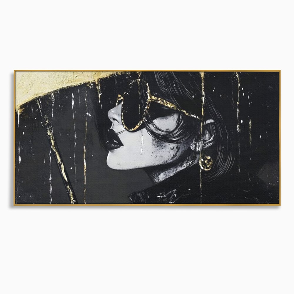 Tablou canvas cu tablou canvas cu portret de femeie, in rama de aluminiu auriu