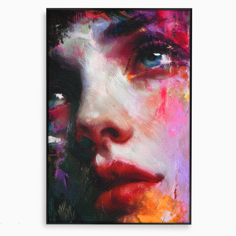 Tablou canvas cu tablou canvas cu portret expresionist de femeie, in rama de aluminiu negru