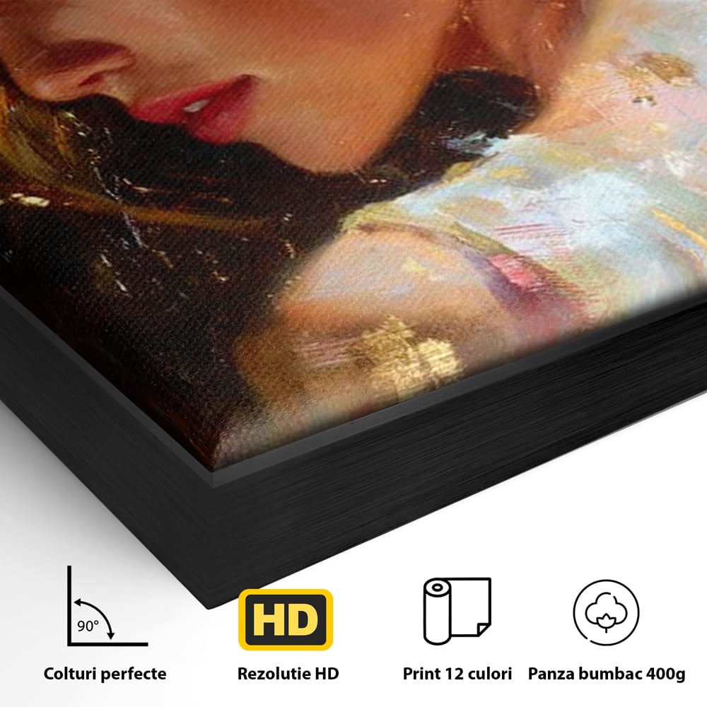 Detaliu al suprafetei: tablou canvas cu portret feminin auriu, in rama de aluminiu negru