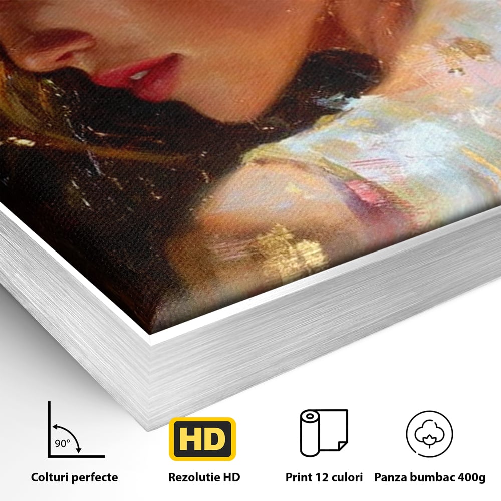 Detaliu al suprafetei: tablou canvas cu portret feminin auriu, in rama de aluminiu argintiu