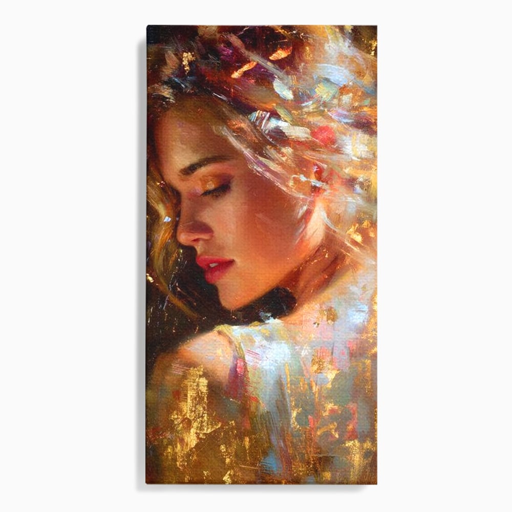 Tablou canvas cu tablou canvas cu portret feminin auriu, fara rama, pe sasiu de lemn