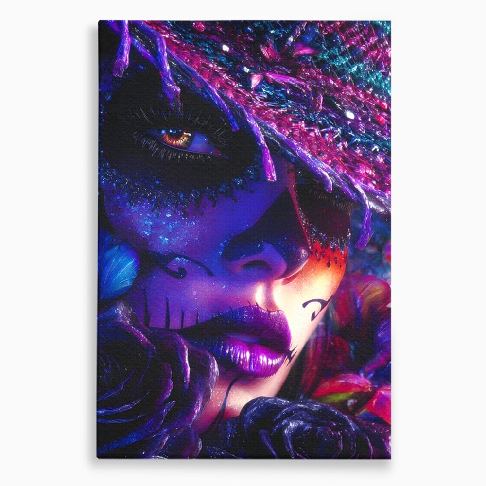 Tablou canvas cu tablou canvas cu portret feminin mov, fara rama, pe sasiu de lemn
