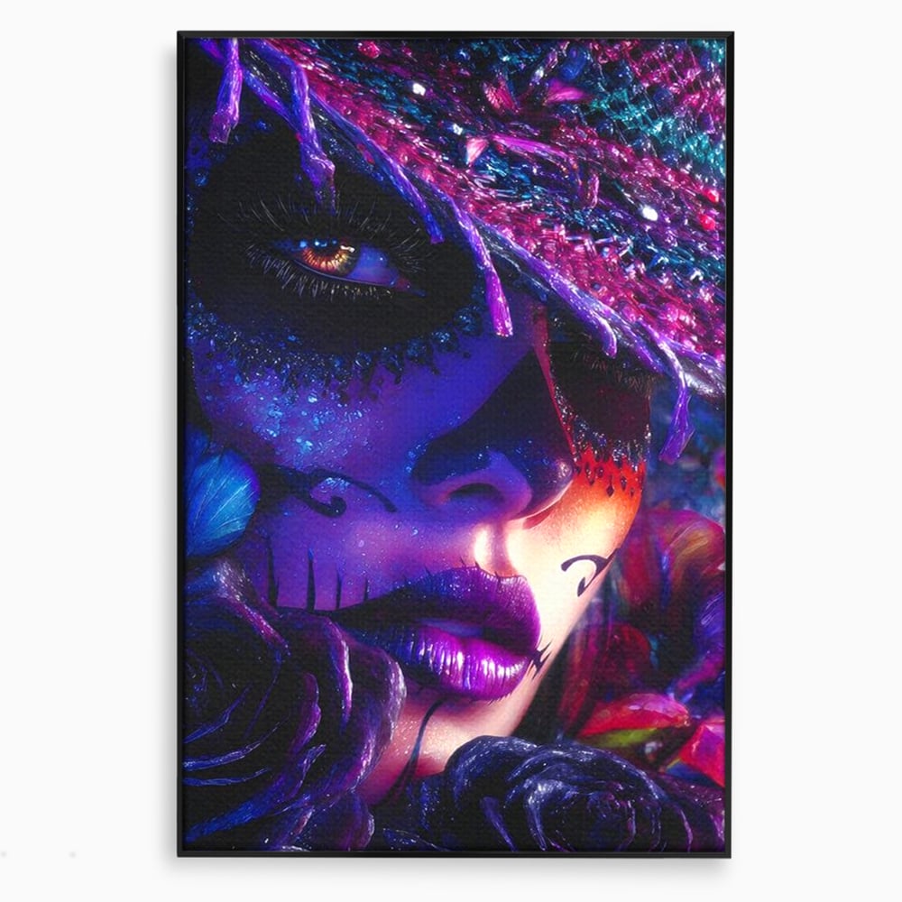 Tablou canvas cu tablou canvas cu portret feminin mov, in rama de aluminiu negru