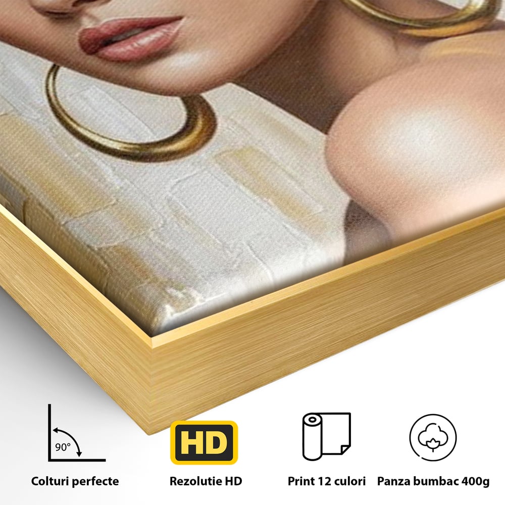 Detaliu al suprafetei: tablou canvas cu portret de femeie, in rama de aluminiu auriu