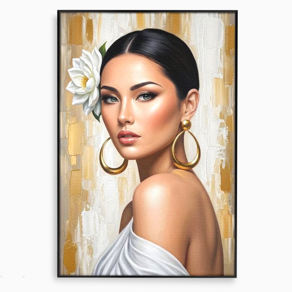 Tablou canvas cu tablou canvas cu portret de femeie, in rama de aluminiu negru