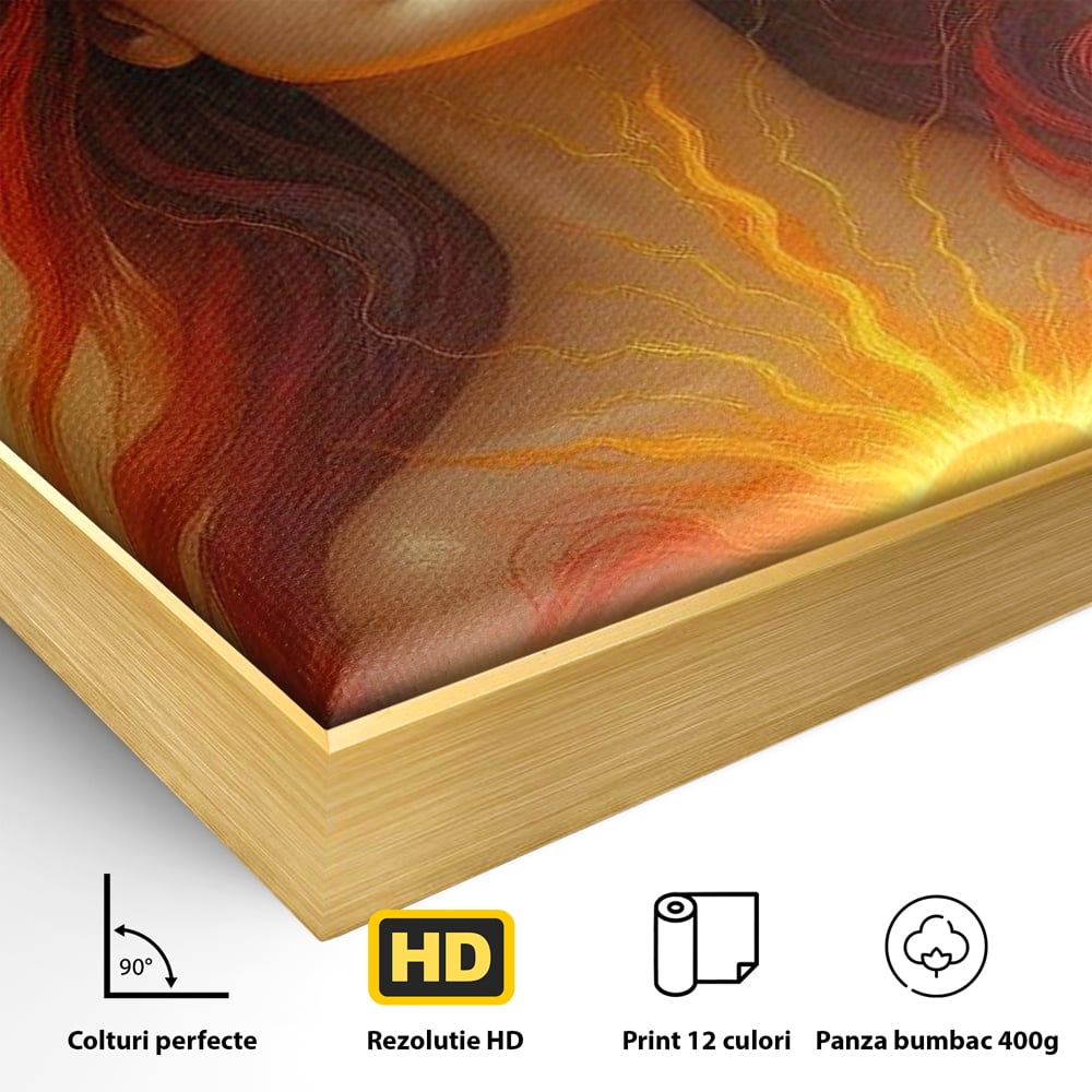 Detaliu al suprafetei: tablou canvas cu zeita focului, in rama de aluminiu auriu