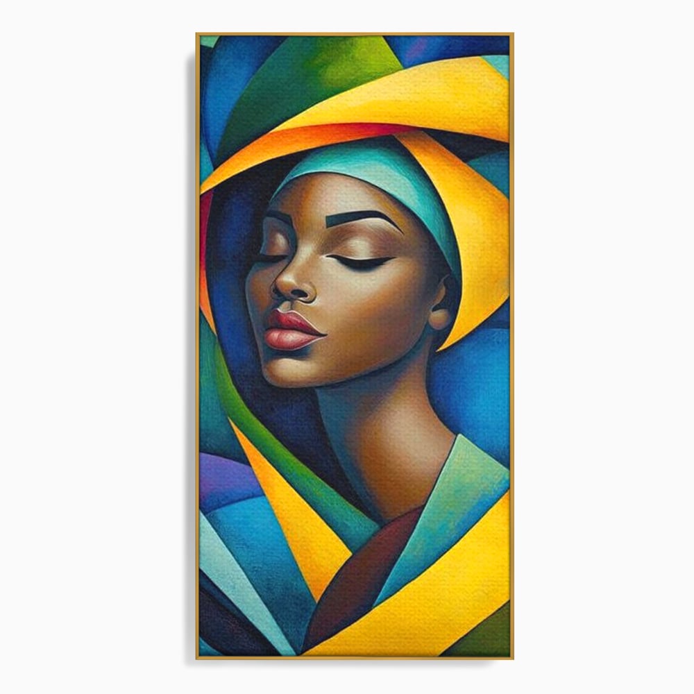 Tablou canvas cu tablou canvas cu portret feminin geometric, in rama de aluminiu auriu