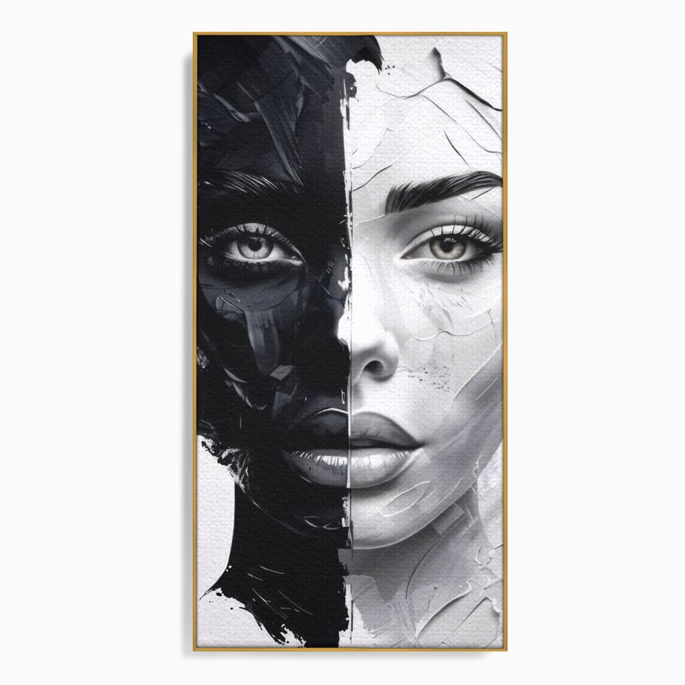 Tablou canvas cu tablou canvas cu chip de femeie in doua nuante, in rama de aluminiu auriu