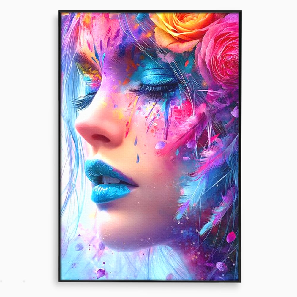 Tablou canvas cu tablou canvas cu fata artistica si flori, in rama de aluminiu negru