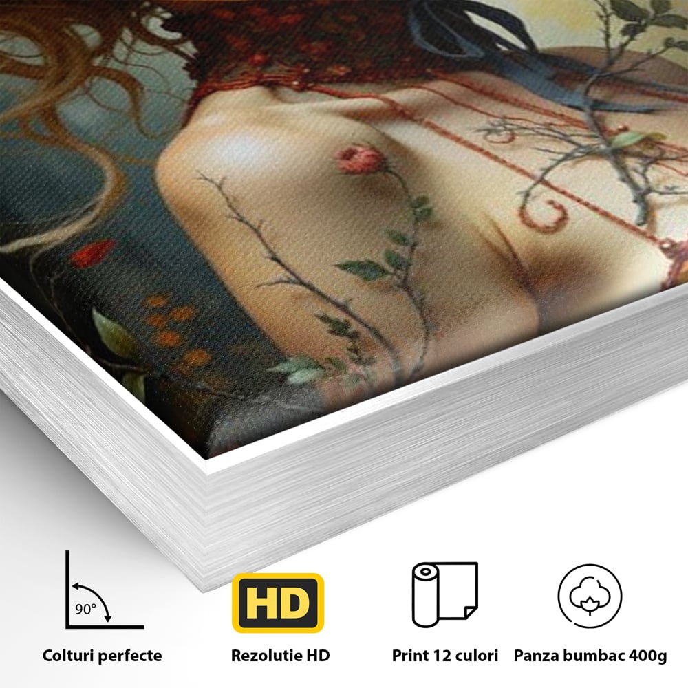 Detaliu al suprafetei: tablou canvas cu portret de femeie blonda si flori, in rama de aluminiu argintiu