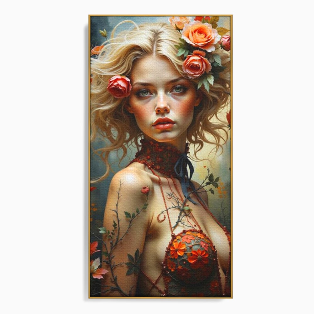 Tablou canvas cu tablou canvas cu portret de femeie blonda si flori, in rama de aluminiu auriu