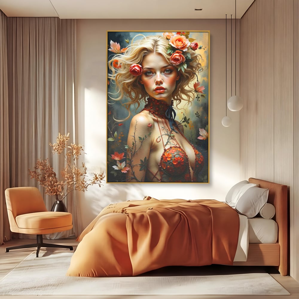 Tablou canvas cu tablou canvas cu portret de femeie blonda si flori, in rama de aluminiu auriu, pe perete intr-un dormitor