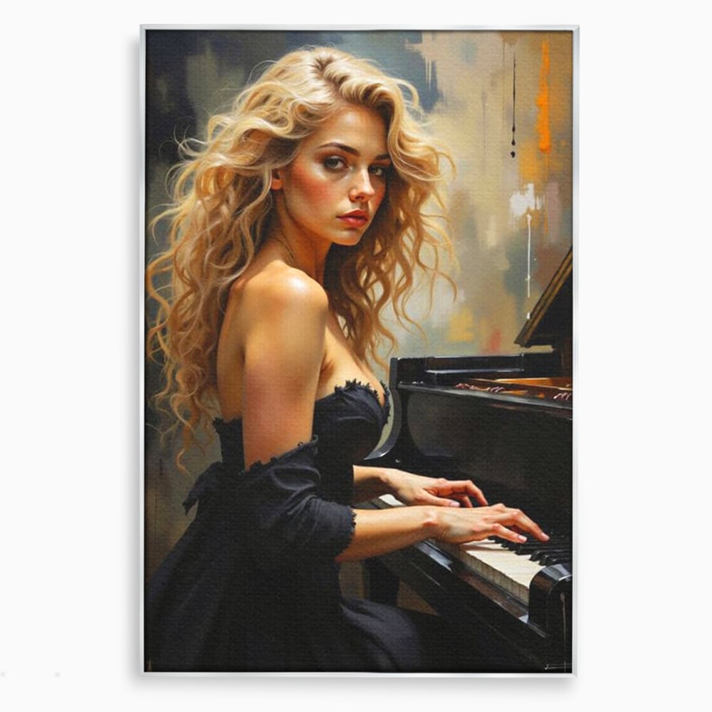 Tablou canvas cu tablou canvas cu femeie blonda la pian, in rama de aluminiu argintiu