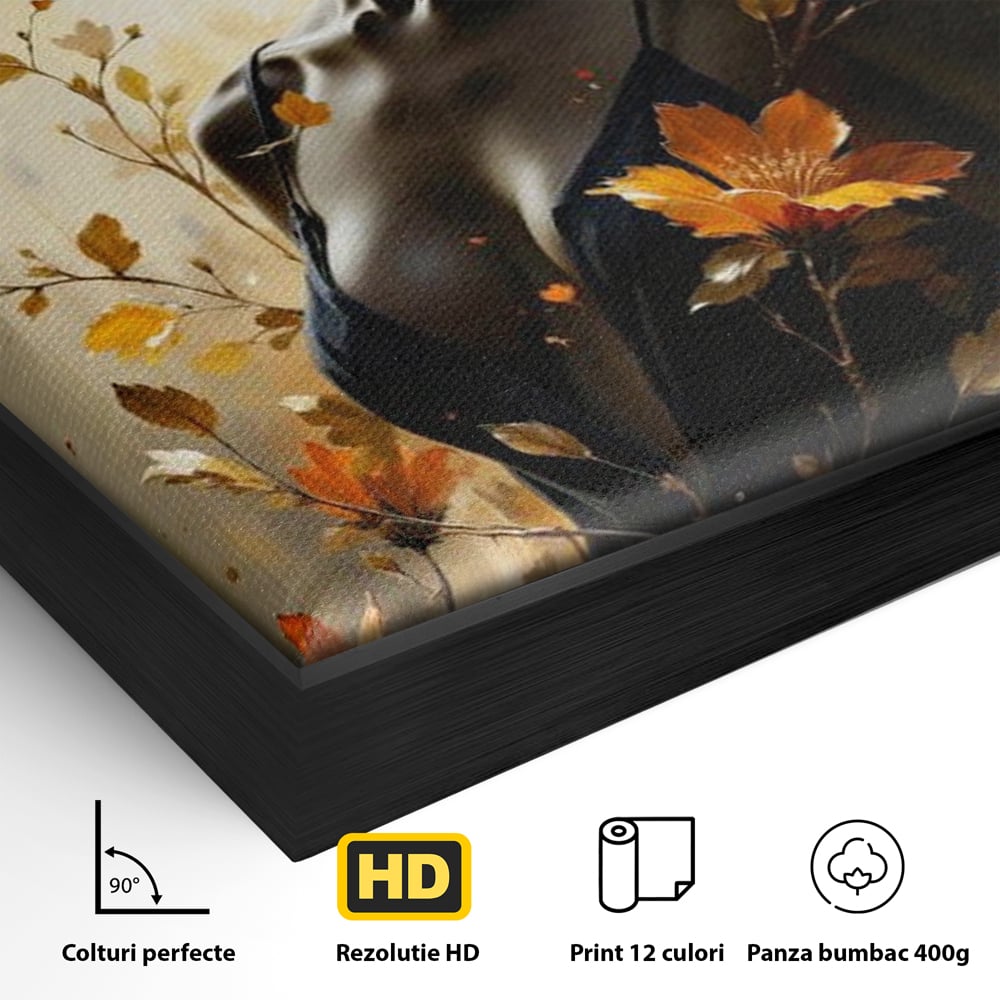 Detaliu al suprafetei: tablou canvas cu silueta feminina, in rama de aluminiu negru