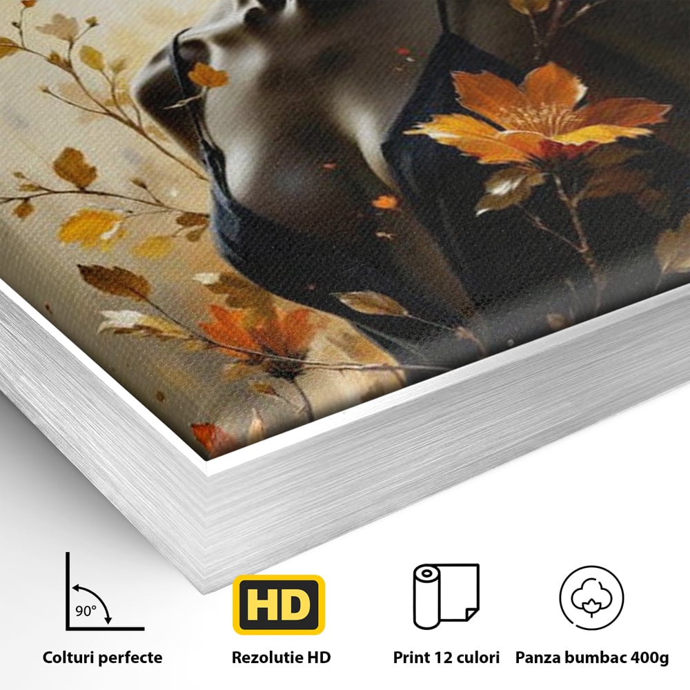 Detaliu al suprafetei: tablou canvas cu silueta feminina, in rama de aluminiu argintiu