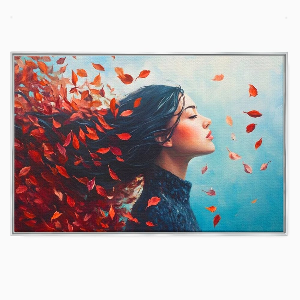Tablou canvas cu tablou canvas cu femeie si frunze in vant, in rama de aluminiu argintiu