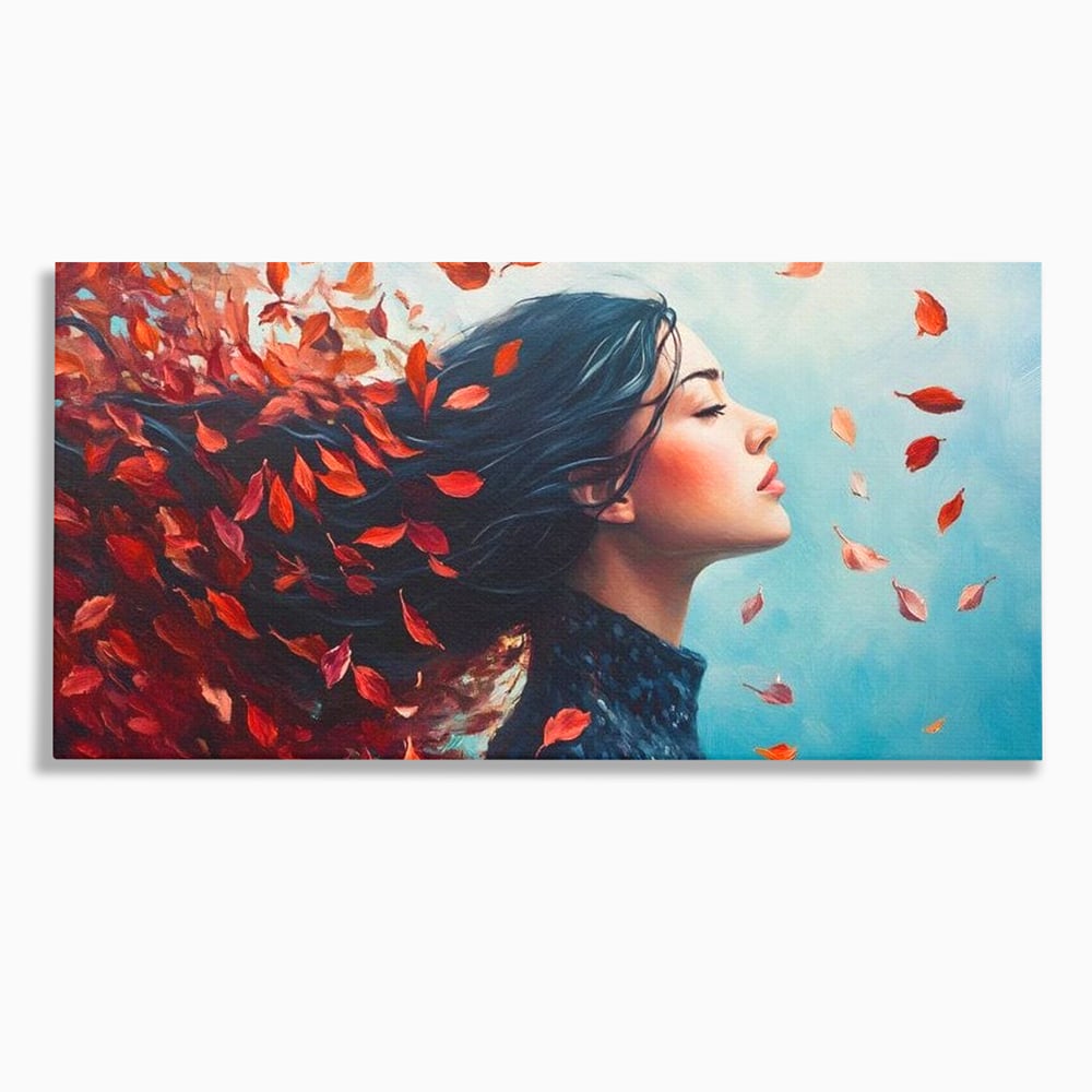 Tablou canvas cu tablou canvas cu femeie si frunze in vant, fara rama, pe sasiu de lemn