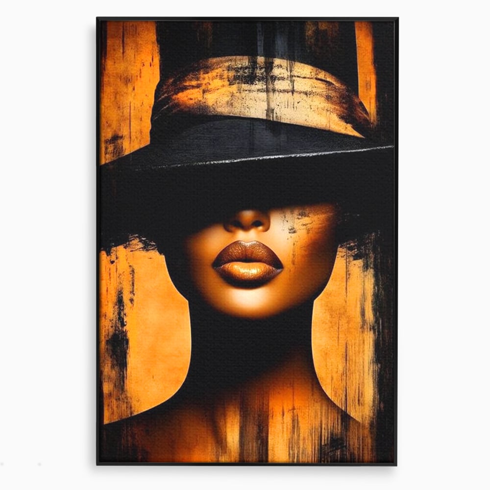 Tablou canvas cu tablou canvas cu buze si palarie, in rama de aluminiu negru