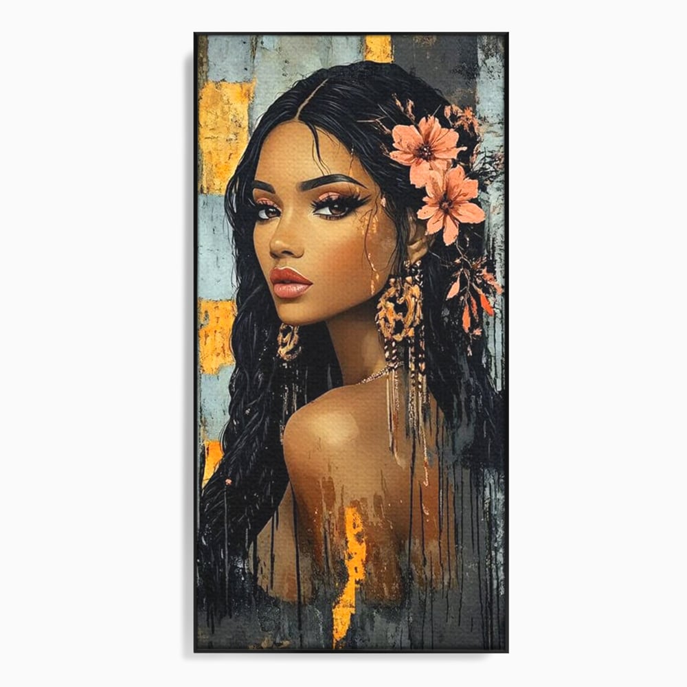 Tablou canvas cu tablou canvas cu femeie si flori in par, in rama de aluminiu negru