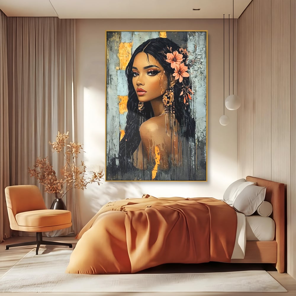 Tablou canvas cu tablou canvas cu femeie si flori in par, in rama de aluminiu auriu, pe perete intr-un dormitor