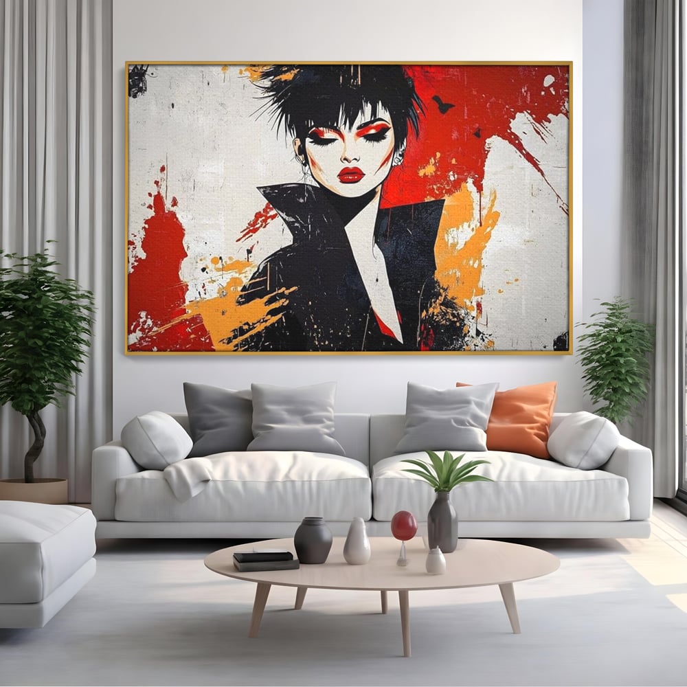Tablou canvas cu ilustratie digitala cu portret de femeie in stil punk, in rama de aluminiu auriu, pe perete intr-un living