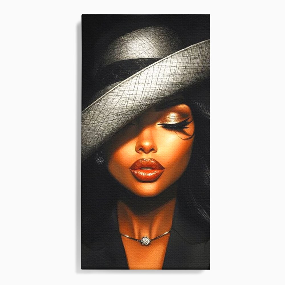Tablou canvas cu tablou canvas cu femeie si palarie, fara rama, pe sasiu de lemn
