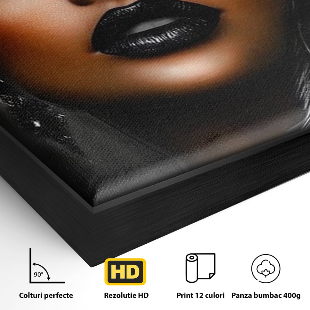 Detaliu al suprafetei: tablou canvas cu portret artistic de femeie, in rama de aluminiu negru