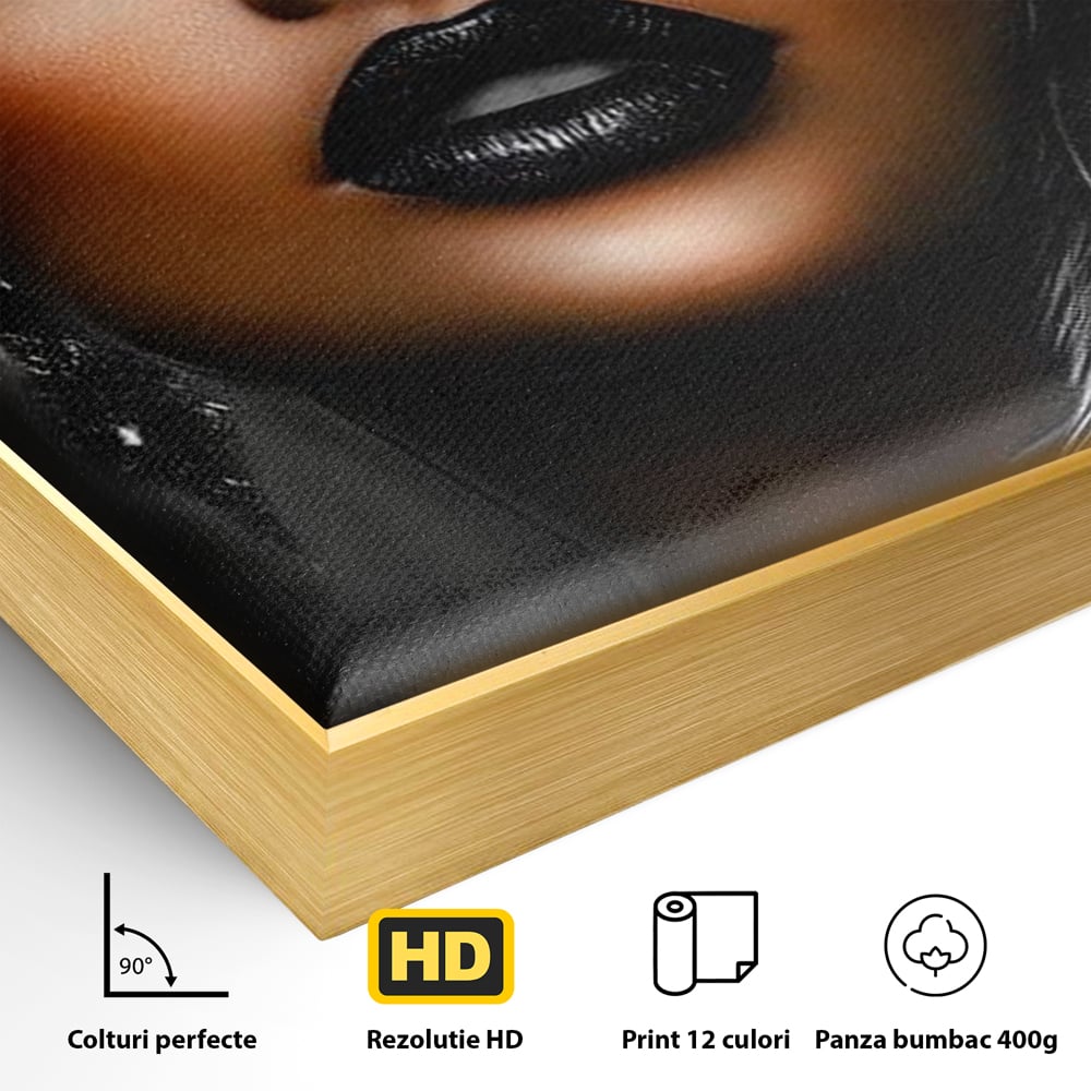 Detaliu al suprafetei: tablou canvas cu portret artistic de femeie, in rama de aluminiu auriu