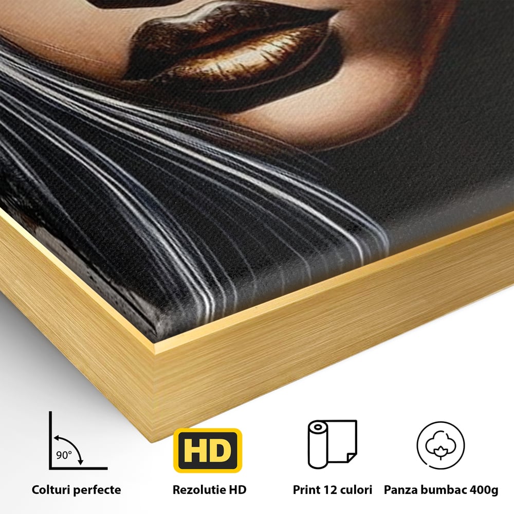 Detaliu al suprafetei: tablou canvas cu femeie si coroana aurie, in rama de aluminiu auriu