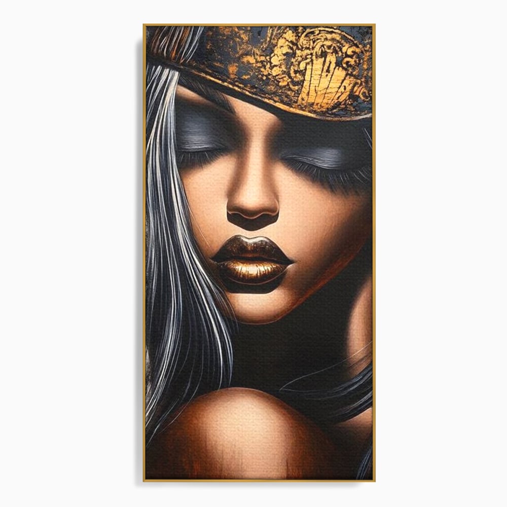 Tablou canvas cu tablou canvas cu femeie si coroana aurie, in rama de aluminiu auriu