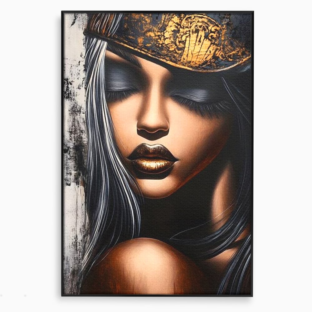 Tablou canvas cu tablou canvas cu femeie si coroana aurie, in rama de aluminiu negru
