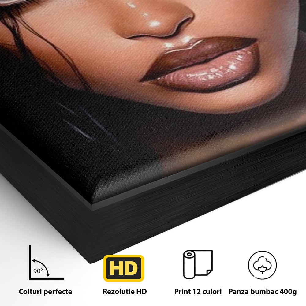 Detaliu al suprafetei: tablou canvas cu portret de femeie, in rama de aluminiu negru