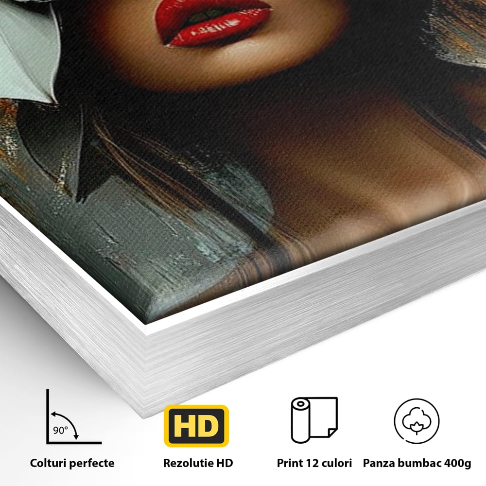 Detaliu al suprafetei: tablou canvas cu femeie si flori, in rama de aluminiu argintiu