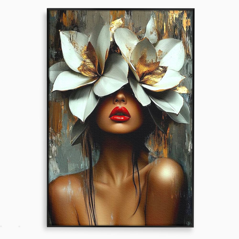 Tablou canvas cu tablou canvas cu femeie si flori, in rama de aluminiu negru