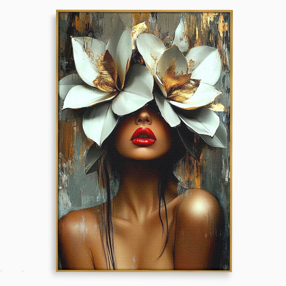 Tablou canvas cu tablou canvas cu femeie si flori, in rama de aluminiu auriu