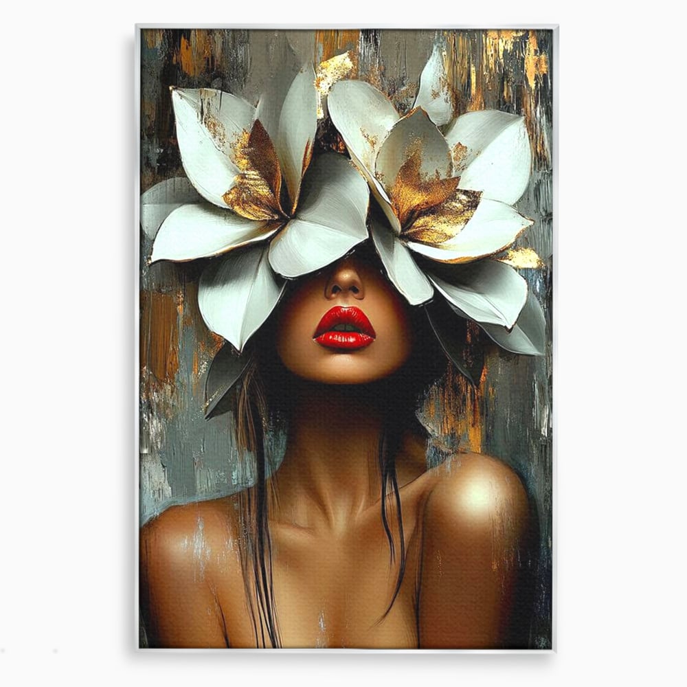 Tablou canvas cu tablou canvas cu femeie si flori, in rama de aluminiu argintiu