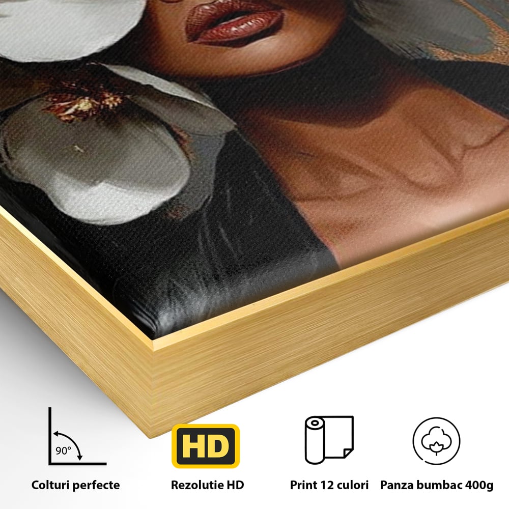 Detaliu al suprafetei: tablou canvas cu femeie si magnolii, in rama de aluminiu auriu