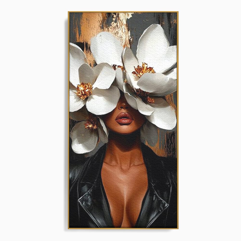 Tablou canvas cu tablou canvas cu femeie si magnolii, in rama de aluminiu auriu