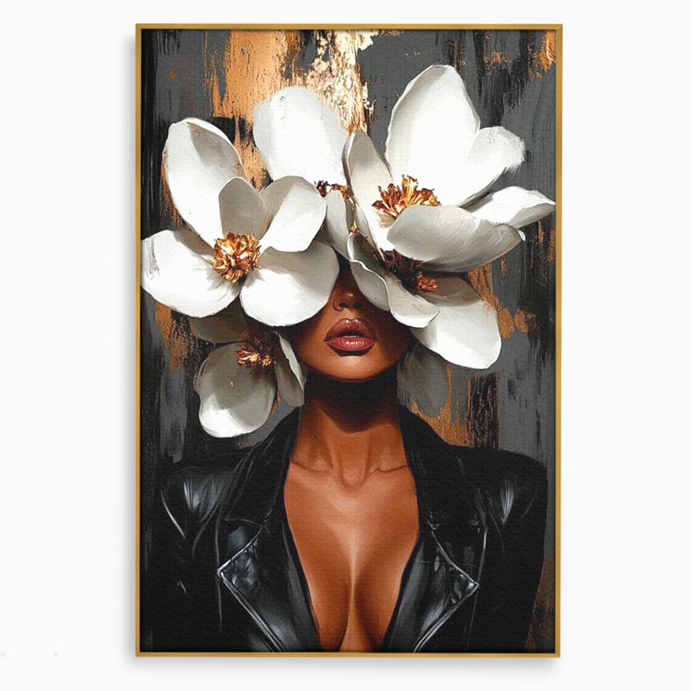 Tablou canvas cu tablou canvas cu femeie si magnolii, in rama de aluminiu auriu