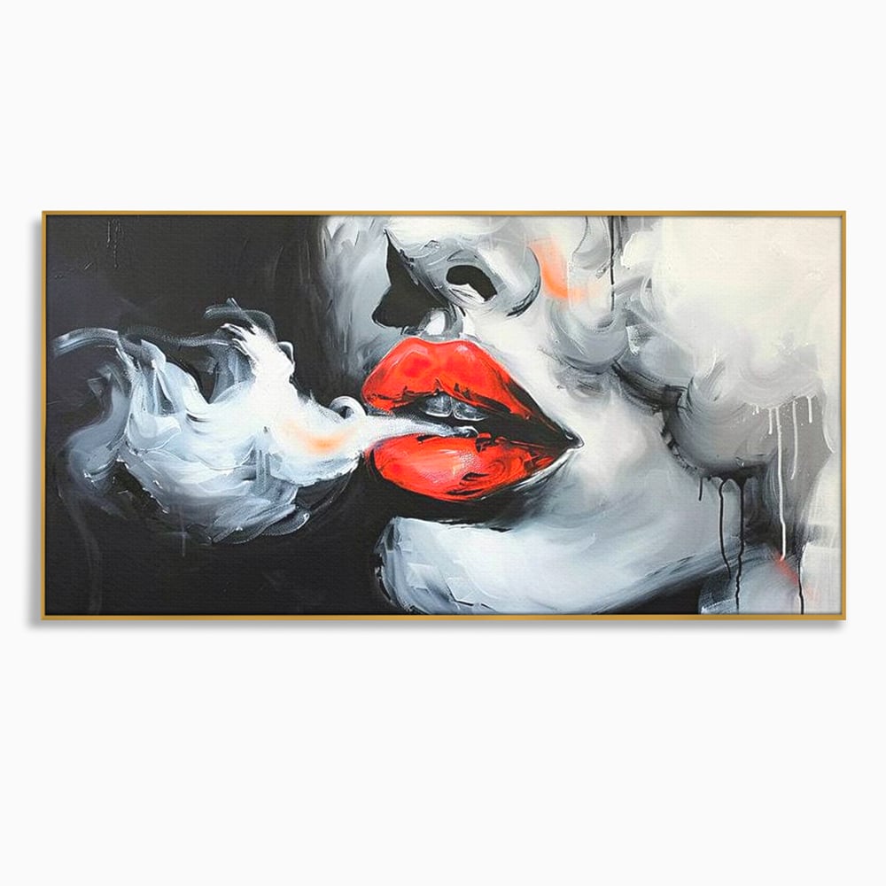 Tablou canvas cu tablou canvas cu buze rosii si fum, in rama de aluminiu auriu
